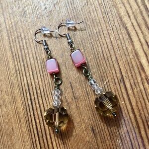 Ladies Pink Crystal Beaded Dangle Earrings, Handmade Ladies Earrings